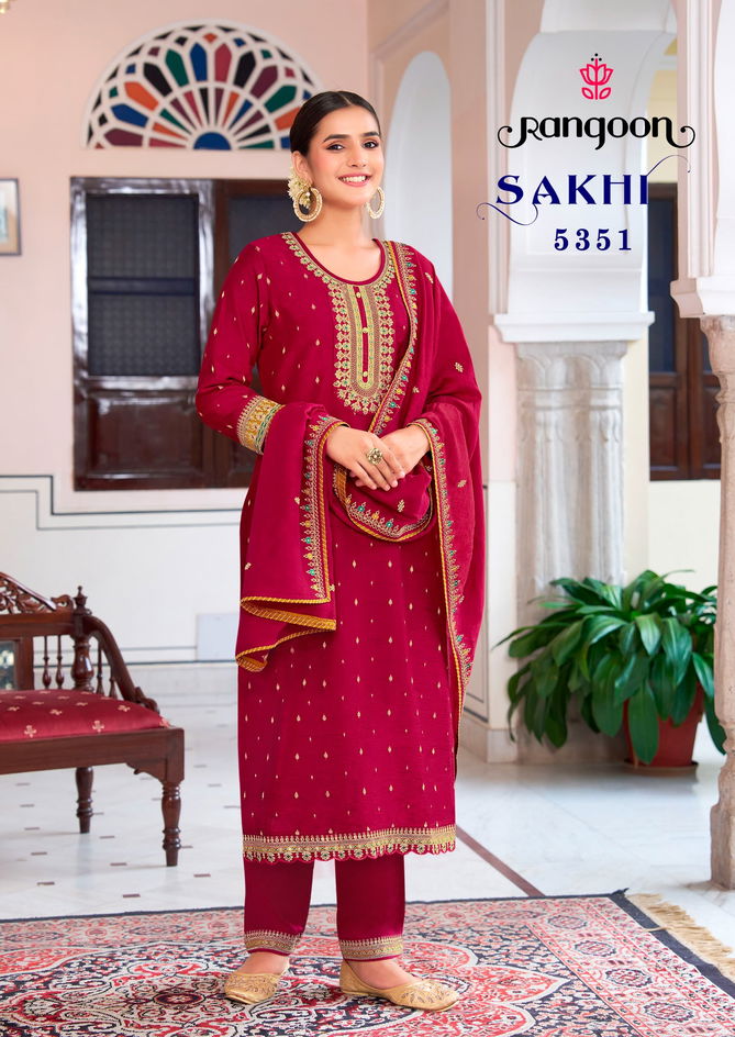 Sakhi Rangoon Embroidery Viscose Jacquard Kurti With Bottom Dupatta Wholesale Market In Surat